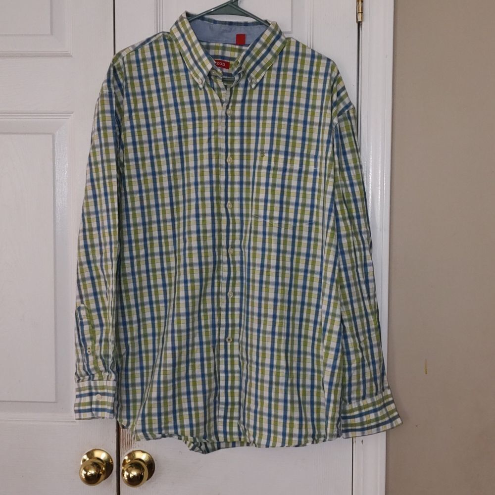 Izod  lime green blue whote checkered button down shirt  Sz XL